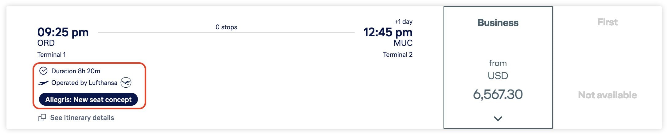 Lufthansa Allegris Routes – Example Lufthansa Booking With Allegris Business Class Marker